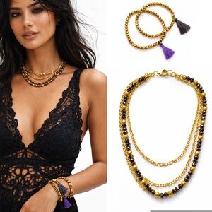 NWT Gold Black Shine Layered Necklace + 2 Adjustable Bracelets | Chic Jewelry